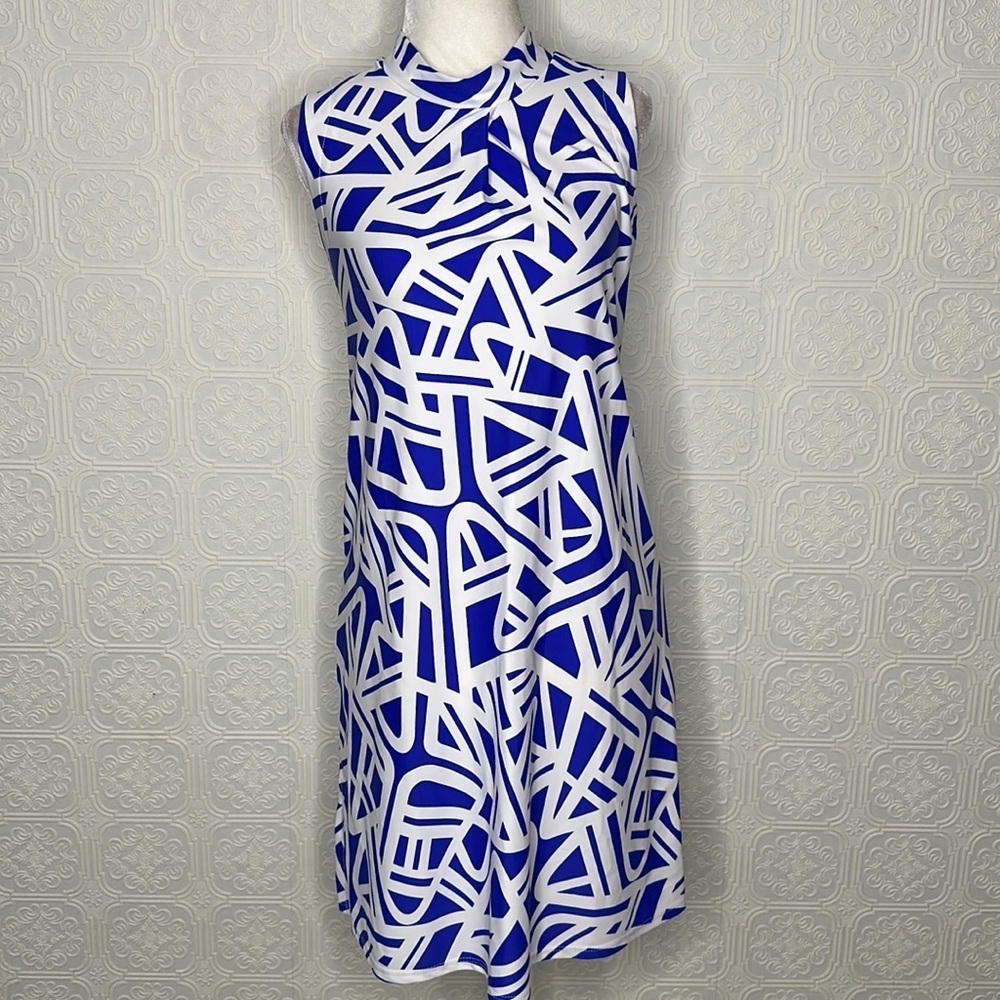 Judy Connally | Sleeveless, Blue & White, Mock Turtleneck Dress